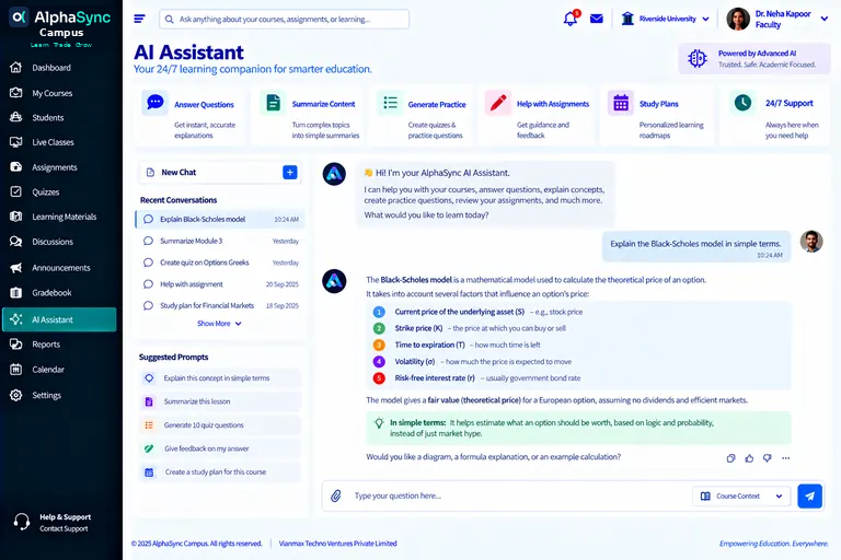 Faculty AI Assistant design: recent conversations and suggested prompts on the left; on the right, a question asking to explain the Black-Scholes model in simple terms and a step-by-step explanation of its five inputs with a plain-language summary.