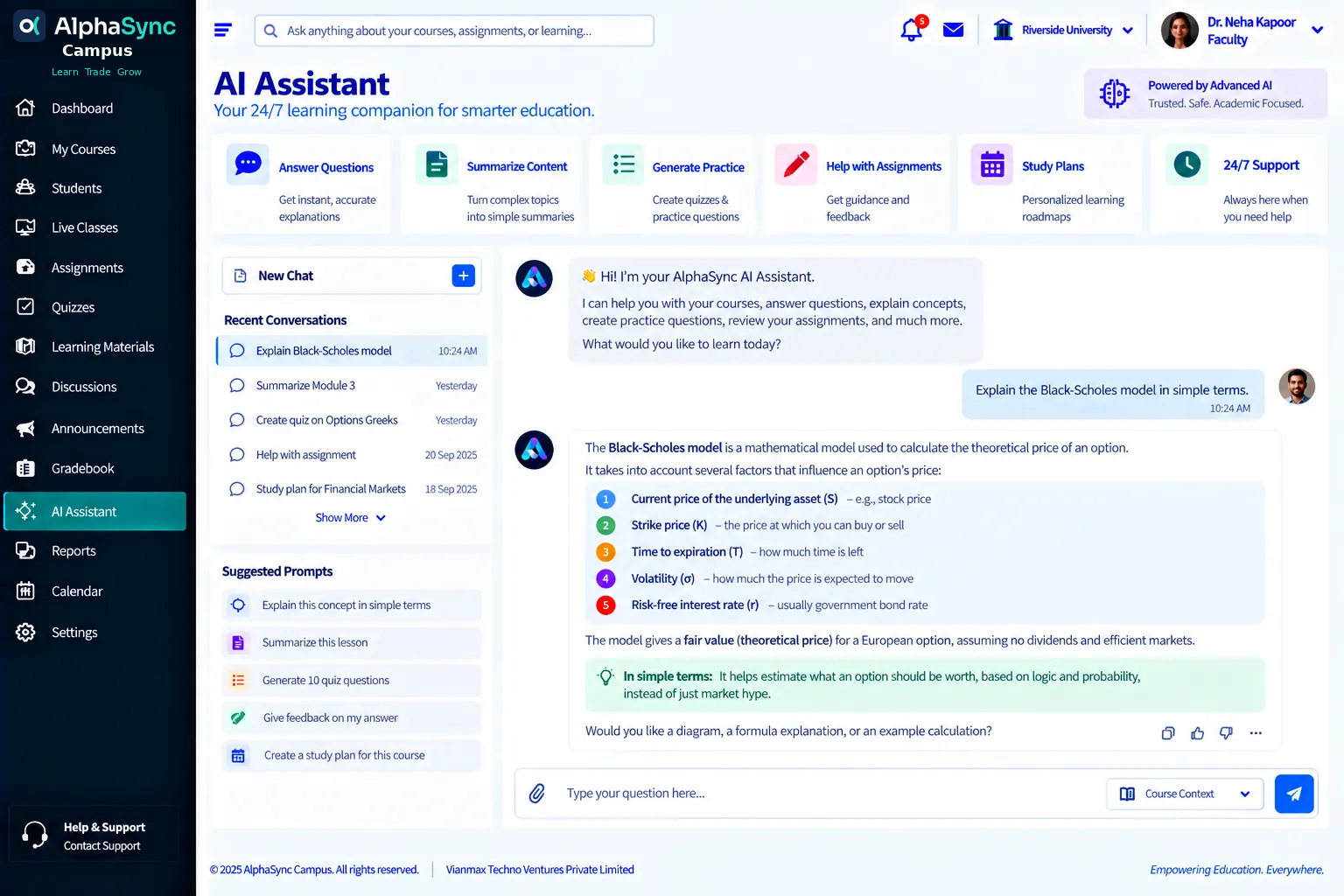 Faculty AI Assistant design: recent conversations and suggested prompts on the left; on the right, a question asking to explain the Black-Scholes model in simple terms and a step-by-step explanation of its five inputs with a plain-language summary.