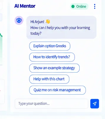 Close-up of the AI Mentor panel: a greeting and suggested prompts: explain option Greeks, how to identify trends, show an example strategy, help with this chart, quiz me on risk management.