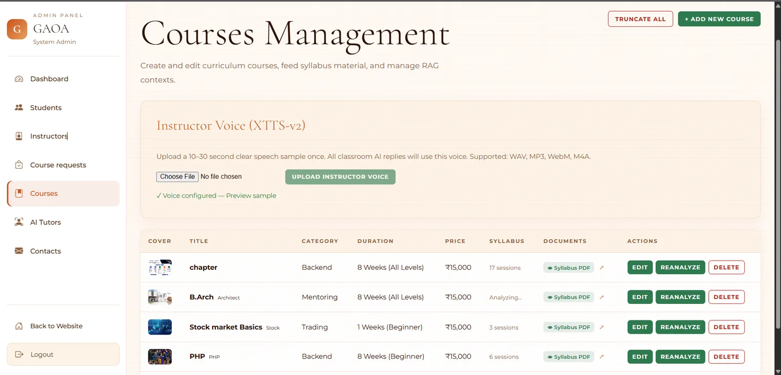 Admin panel Courses Management: navigation for dashboard, students, instructors, course requests, courses, AI tutors and contacts; an Instructor Voice (XTTS-v2) upload; and a course table with category, duration, price, syllabus sessions, syllabus PDF and edit, reanalyze and delete actions.