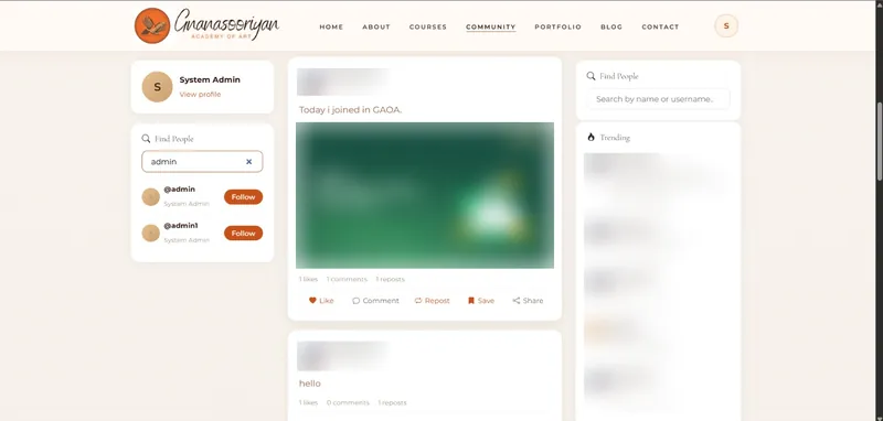 Community page: a profile panel, a people search, a feed of posts with like, comment, repost, save and share actions, and a trending list. Names, profile photos and a third-party image are blurred.