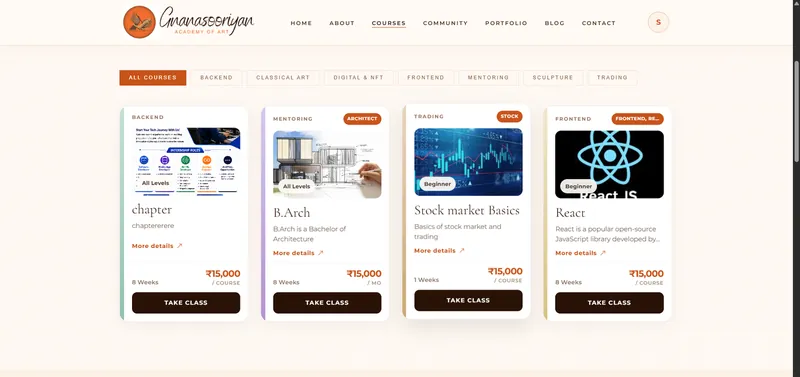 Courses page: category filters and four course cards, each with a category, level, title, duration, price and a Take Class button.