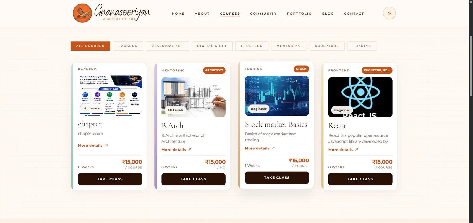 Courses page: category filters and four course cards, each with a category, level, title, duration, price and a Take Class button.