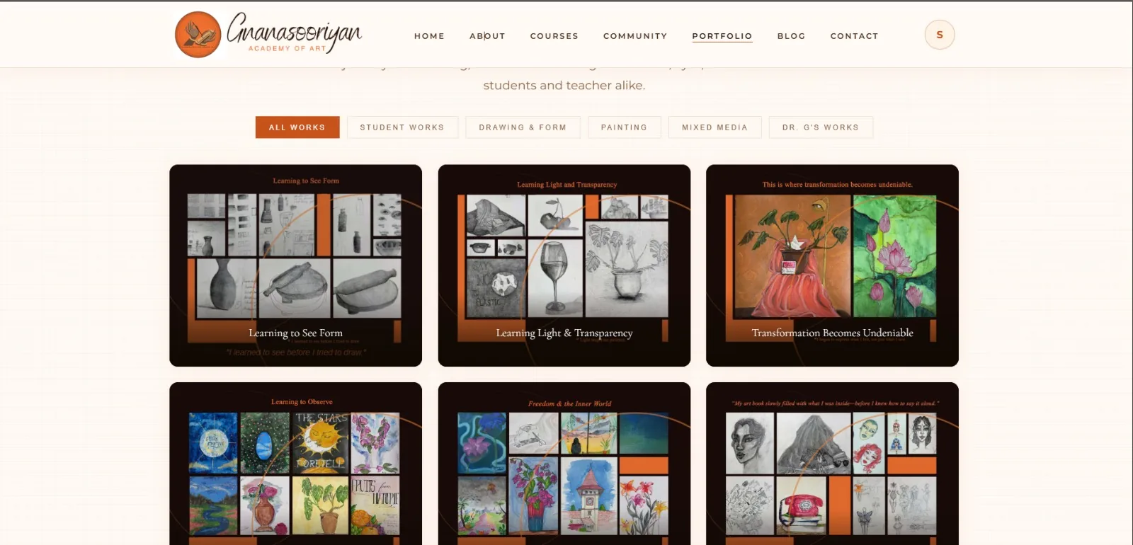 Portfolio page: filter tabs for All Works, Student Works, Drawing & Form, Painting, Mixed Media and Dr. G's Works above a grid of framed artwork collections such as Learning to See Form and Learning Light & Transparency.