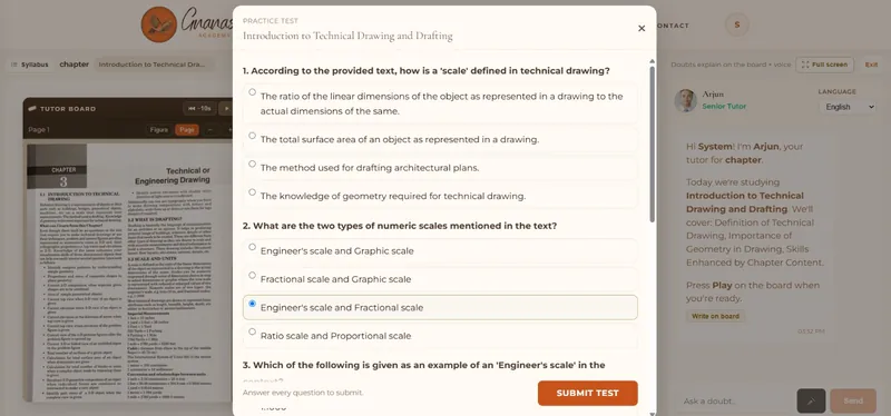 Practice test dialog with multiple-choice questions generated from the course text on technical drawing, shown over the tutor board's textbook page view.