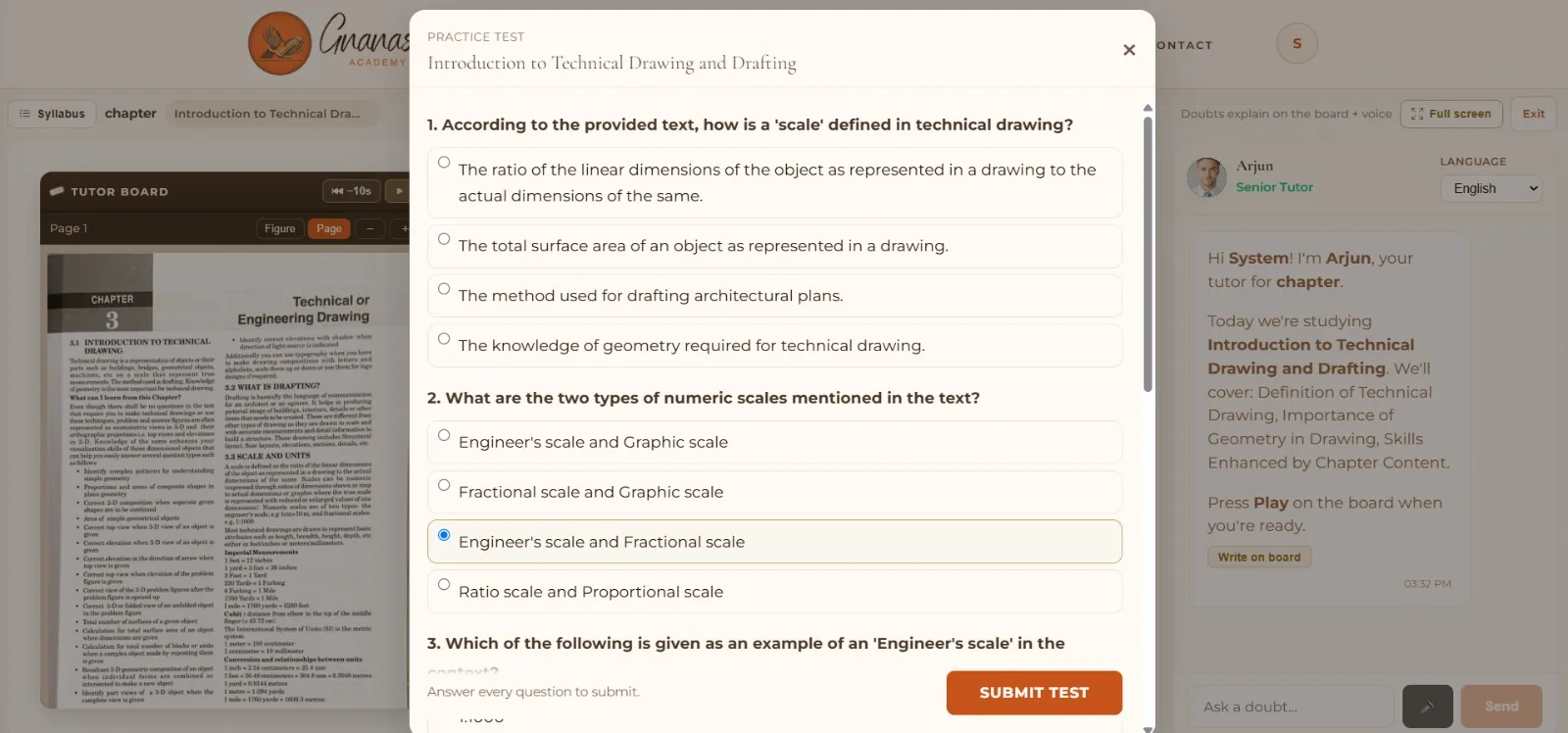 Practice test dialog with multiple-choice questions generated from the course text on technical drawing, shown over the tutor board's textbook page view.